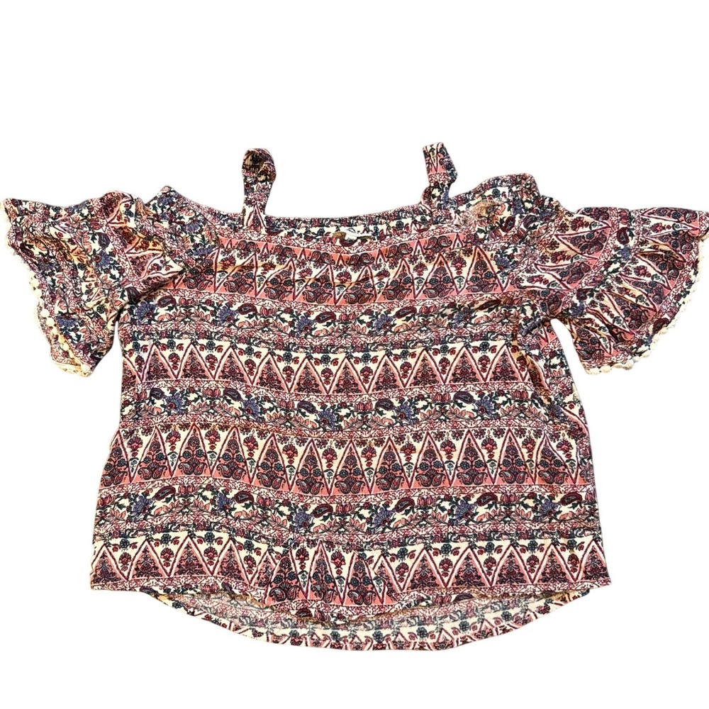 Monteau Girl Cold Shoulder Blouse Boho Sz 12 Floral  Pom Pom Trim Bell Sleeve